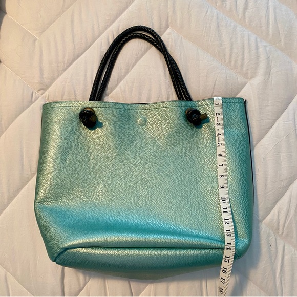 Large Metallic Blue and Black Reversible Leather Tote - Picture 2 of 9